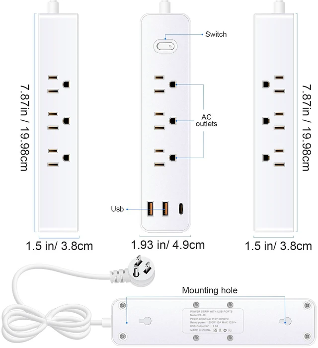 Alt view image 7 of 7 - XEDUOMEE Power Strip Surge Protector, 9 AC Outlets 2 USBA & 1 USBC Port, 3Side Outlet 1700J Surge Protection, Wall Mountable Extension Cord with On/Off Switch for Home Office Dorm Room