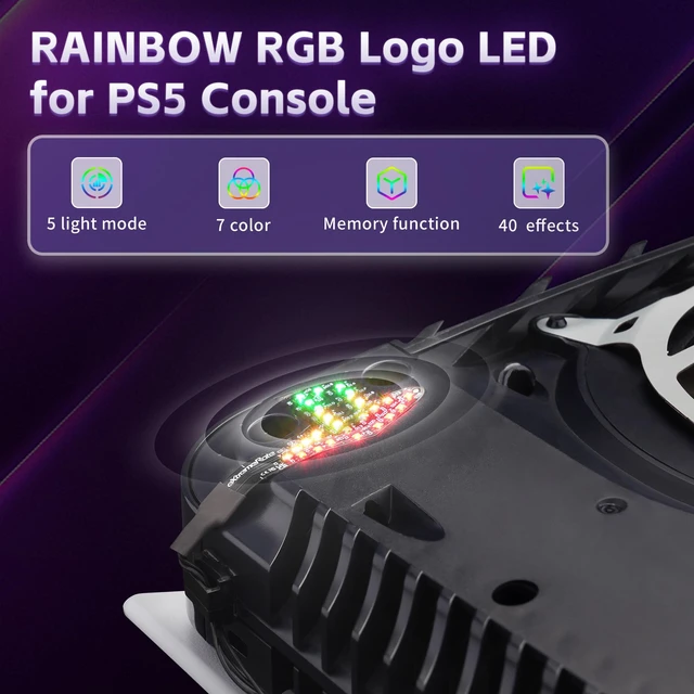 Alt view image 5 of 7 - eXtremeRate 7 Colors 40 Effects RGB Rainbow Logo LED Kit for PS5 Console (2020 CFI-1 Series), Illuminated Lighting Decoration Logo LED Board for PS5 Disc & Digital Edition Console
