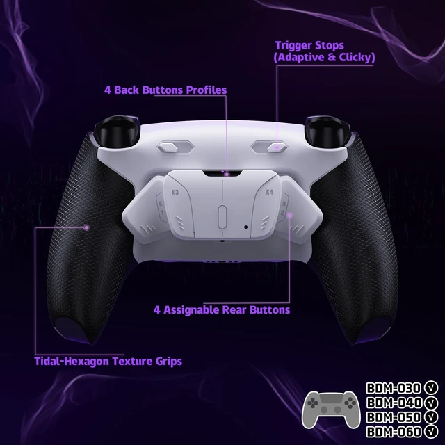Alt view image 5 of 7 - eXtremeRate RISE4 Plus MAX Back Paddles Kit with Clicky Trigger Stops & Rubberized Grip for PS5 Controller BDM-030 040 050 060, Remappable Back Buttons Kit for PS5 Controller - White Black - White