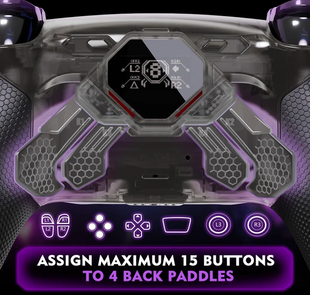 Alt view image 5 of 7 - eXtremeRate SPARK Back Paddles Kit for PS5 Controller BDM-030 040 050 060 Models,OLED Display + Clicky Trigger Stops + Rubberized Grips Remappable 4 Back Buttons Set for PS5 Controller - Clear & Black