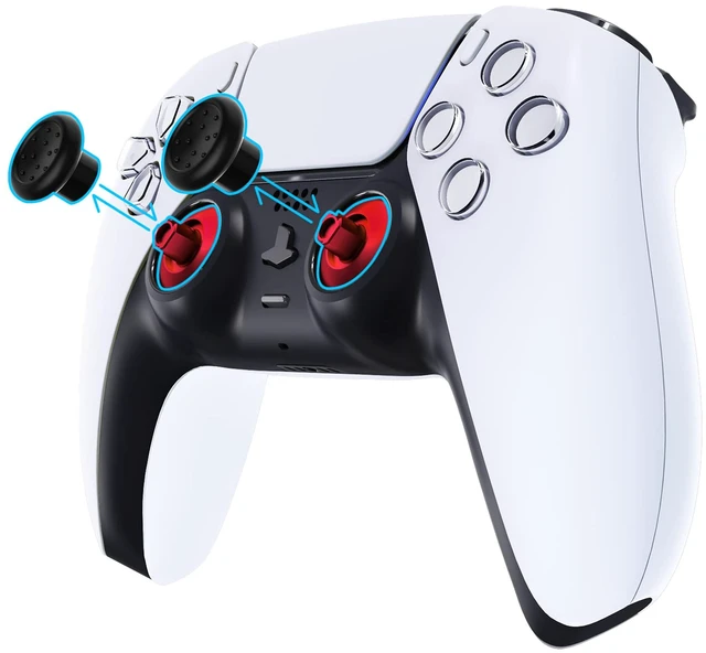 Alt view image 3 of 7 - eXtremeRate ThumbsGear Interchangeable Ergonomic Thumbstick for PS5 Controller, for PS4 All Model Controller - 3 Height Domed and Concave Grips Adjustable Joystick - Chrome Red & Black