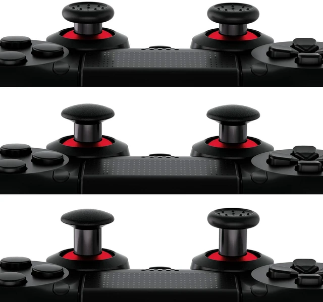 Alt view image 4 of 7 - eXtremeRate ThumbsGear Interchangeable Ergonomic Thumbstick for PS5 Controller, for PS4 All Model Controller - 3 Height Domed and Concave Grips Adjustable Joystick - Chrome Red & Black