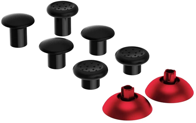 Alt view image 7 of 7 - eXtremeRate ThumbsGear Interchangeable Ergonomic Thumbstick for PS5 Controller, for PS4 All Model Controller - 3 Height Domed and Concave Grips Adjustable Joystick - Chrome Red & Black