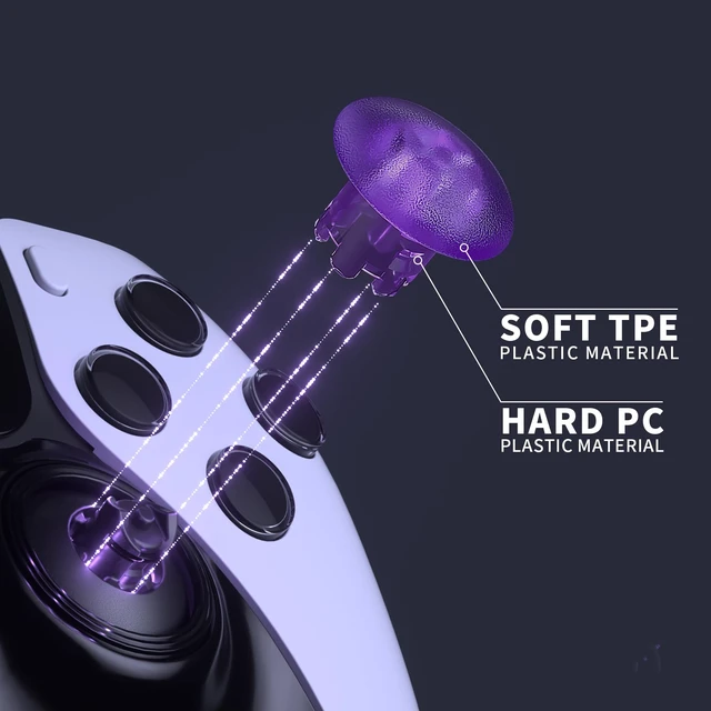 Alt view image 5 of 6 - eXtremeRate Clear Atomic Purple Replacement Swappable Thumbsticks for PS5 Edge Controller, Custom Interchangeable Analog Stick Joystick Caps - Without Controller & Thumbstick Base