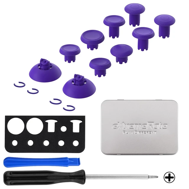 Alt view image 2 of 7 - eXtremeRate ThumbsGear V3 Interchangeable Ergonomic Thumbsticks for PS5 Controller, Replacement Analog Thumb Sticks for PS4 Controller - 4 Height Adjustable Convex & Concave Grip Joysticks - Purple