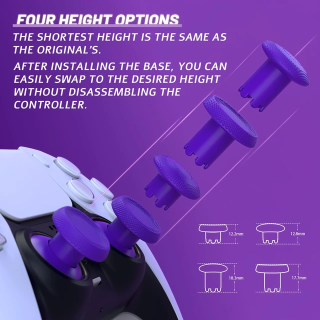 Alt view image 3 of 7 - eXtremeRate ThumbsGear V3 Interchangeable Ergonomic Thumbsticks for PS5 Controller, Replacement Analog Thumb Sticks for PS4 Controller - 4 Height Adjustable Convex & Concave Grip Joysticks - Purple