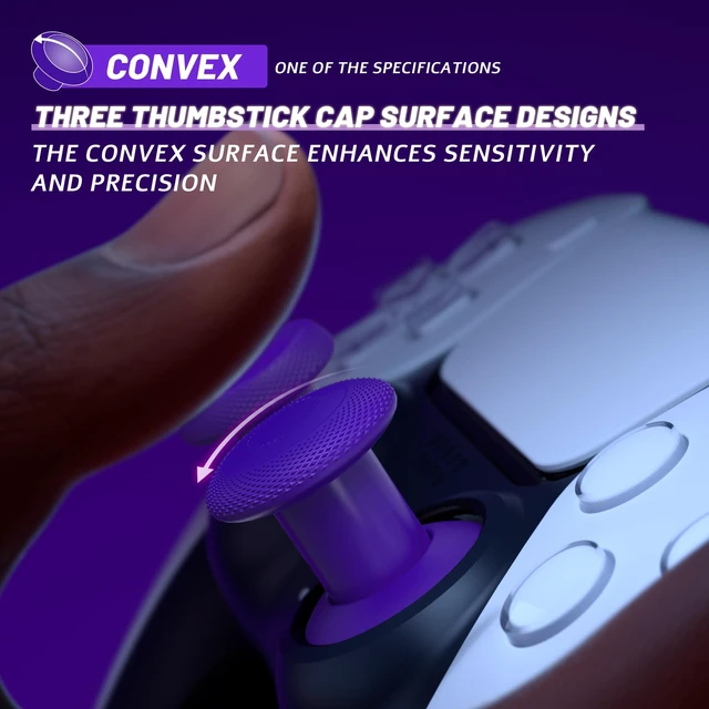 Alt view image 5 of 7 - eXtremeRate ThumbsGear V3 Interchangeable Ergonomic Thumbsticks for PS5 Controller, Replacement Analog Thumb Sticks for PS4 Controller - 4 Height Adjustable Convex & Concave Grip Joysticks - Purple