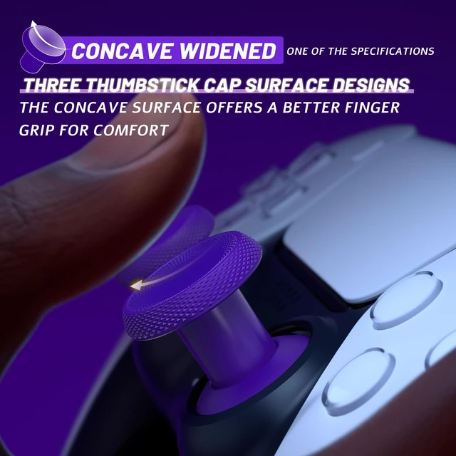 Alt view image 6 of 7 - eXtremeRate ThumbsGear V3 Interchangeable Ergonomic Thumbsticks for PS5 Controller, Replacement Analog Thumb Sticks for PS4 Controller - 4 Height Adjustable Convex & Concave Grip Joysticks - Purple