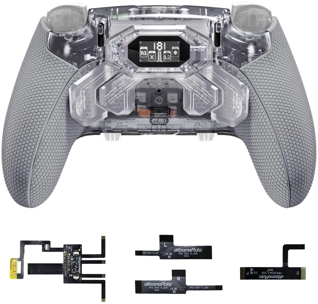 Main image of eXtremeRate BEYOND Back Paddles Kit for PS5 Edge Controller, OLED Display, Redesigned Ergonomic Rubberized Grips Bottom Shell, Remappable 4 Back Buttons Set for PS5 Edge Controller - Clear & Gray
