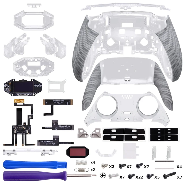 Alt view image 2 of 7 - eXtremeRate BEYOND Back Paddles Kit for PS5 Edge Controller, OLED Display, Redesigned Ergonomic Rubberized Grips Bottom Shell, Remappable 4 Back Buttons Set for PS5 Edge Controller - Clear & Gray