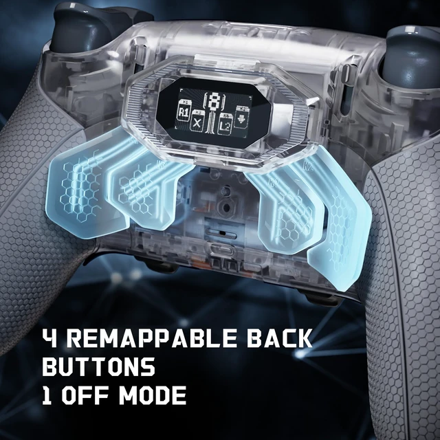 Alt view image 4 of 7 - eXtremeRate BEYOND Back Paddles Kit for PS5 Edge Controller, OLED Display, Redesigned Ergonomic Rubberized Grips Bottom Shell, Remappable 4 Back Buttons Set for PS5 Edge Controller - Clear & Gray