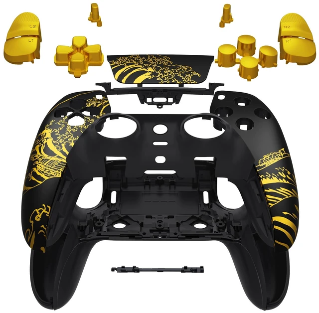 Main image of eXtremeRate Full Set Shell with Buttons Touchpad Cover Compatible with p s 5 Edge Controller, Replacement Decorative Trim Shell Front Back Plates - The Great Golden Wave Off Kanagawa - Black