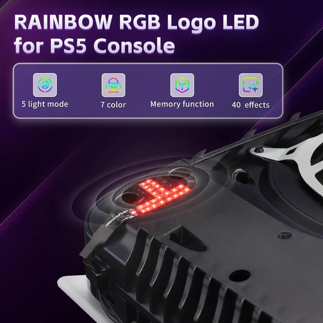Alt view image 4 of 7 - eXtremeRate 7 Colors 40 Effects RGB Rainbow Logo LED Kit for PS5 Console (2020 CFI-1 Series), Illuminated Lighting Decoration Logo LED Board for PS5 Disc & Digital Edition Console
