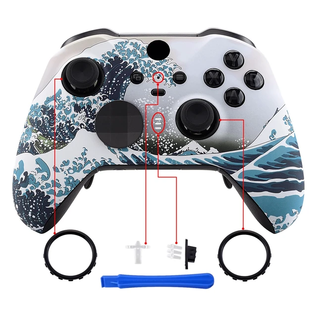 Alt view image 4 of 7 - eXtremeRate The Great Wave Patterned Faceplate Cover, Soft Touch Front Housing Shell Case Replacement Kit for Xbox One Elite Series 2, Xbox Elite 2 Core Controller Model 1797 - Accent Rings Included