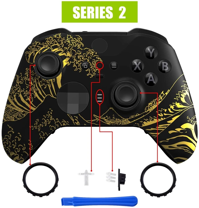 Alt view image 4 of 7 - eXtremeRate The Great GOLDEN Wave Off Kanagawa - Black Faceplate Cover, Front Housing Shell Replacement Kit for Xbox One Elite Series 2, Xbox Elite 2 Core Controller Model 1797 - Accent Rings Included