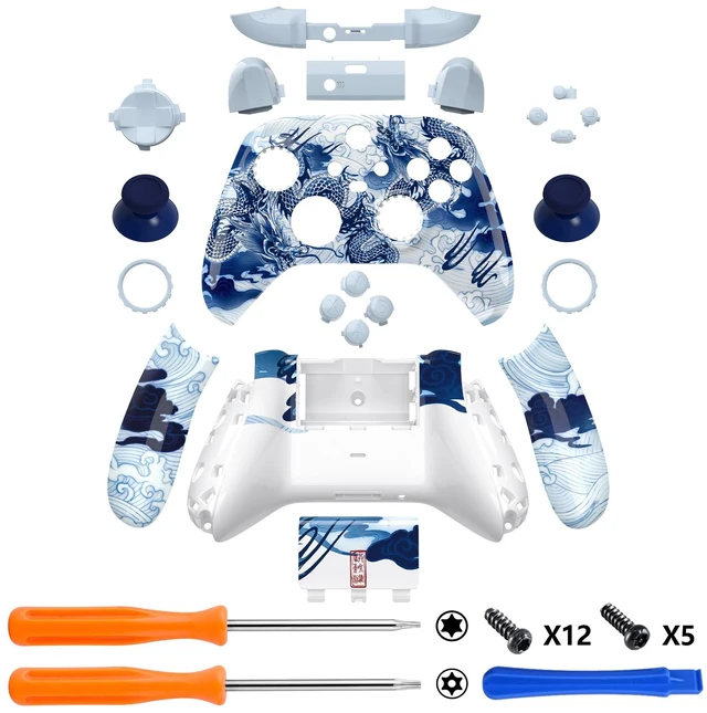 Alt view image 3 of 7 - eXtremeRate Full Set Shell Buttons for Xbox Series X/S Controller, Porcelain Dragon Custom Replacement Side Rails Grips Front Back Plate Cover for Xbox Core Wireless Controller