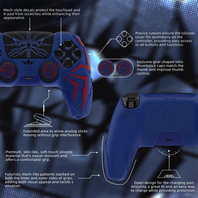 Alt view image 6 of 7 - PlayVital Design for ps5 Controller Silicone Case with 2 Thumb Grips and 6 Sticker, Cyber Spider Design, Slip-Resistant Shockproof Controller Cover Skin, Fits for Charging Dock, Red & Blue
