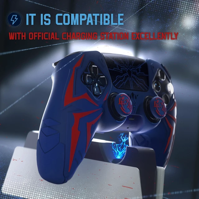 Alt view image 5 of 7 - PlayVital Design for ps5 Controller Silicone Case with 2 Thumb Grips and 6 Sticker, Cyber Spider Design, Slip-Resistant Shockproof Controller Cover Skin, Fits for Charging Dock, Red & Blue