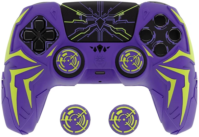Main image of PlayVital Design for ps5 Controller Silicone Case with 2 Thumb Grips and 6 Sticker, Cyber Spider Design, Slip-Resistant Shockproof Controller Cover Skin, Fits for Charging Dock, Purple & Green