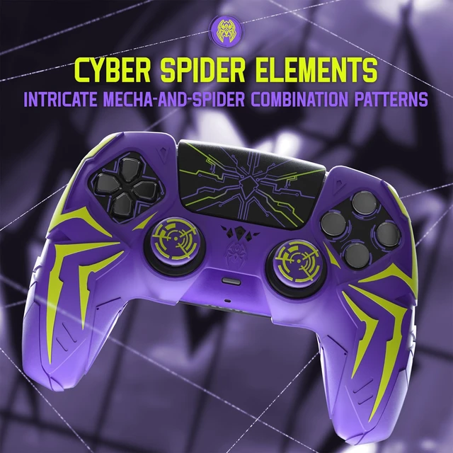 Alt view image 2 of 7 - PlayVital Design for ps5 Controller Silicone Case with 2 Thumb Grips and 6 Sticker, Cyber Spider Design, Slip-Resistant Shockproof Controller Cover Skin, Fits for Charging Dock, Purple & Green