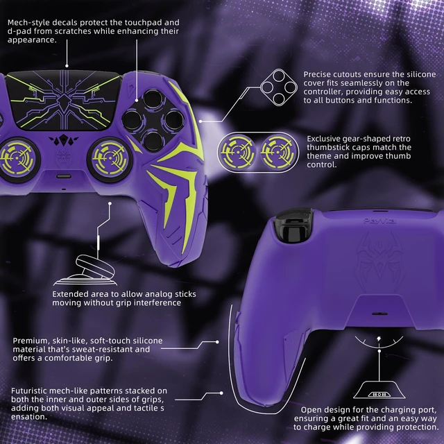 Alt view image 6 of 7 - PlayVital Design for ps5 Controller Silicone Case with 2 Thumb Grips and 6 Sticker, Cyber Spider Design, Slip-Resistant Shockproof Controller Cover Skin, Fits for Charging Dock, Purple & Green