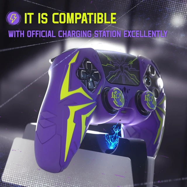 Alt view image 5 of 7 - PlayVital Design for ps5 Controller Silicone Case with 2 Thumb Grips and 6 Sticker, Cyber Spider Design, Slip-Resistant Shockproof Controller Cover Skin, Fits for Charging Dock, Purple & Green