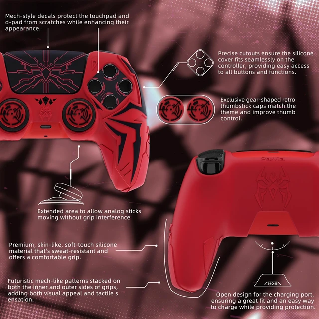 Alt view image 6 of 7 - PlayVital Design for ps5 Controller Silicone Case with 2 Thumb Grips and 6 Sticker, Cyber Spider Design, Slip-Resistant Shockproof Controller Cover Skin, Fits for Charging Dock, Red & Black