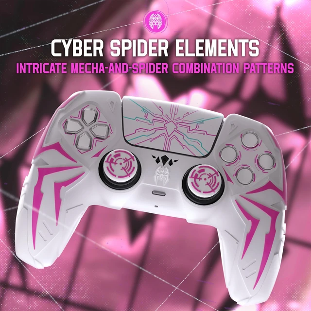 Alt view image 2 of 7 - PlayVital Design for ps5 Controller Silicone Case with 2 Thumb Grips and 6 Sticker, Cyber Spider Design, Anti-Slip Shockproof Controller Cover Skin, Fits for Charging Dock, White & Pink