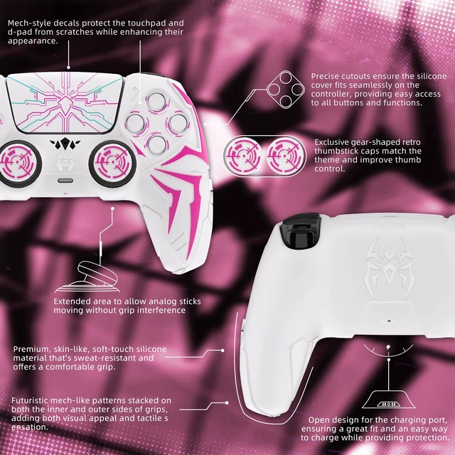 Alt view image 6 of 7 - PlayVital Design for ps5 Controller Silicone Case with 2 Thumb Grips and 6 Sticker, Cyber Spider Design, Anti-Slip Shockproof Controller Cover Skin, Fits for Charging Dock, White & Pink