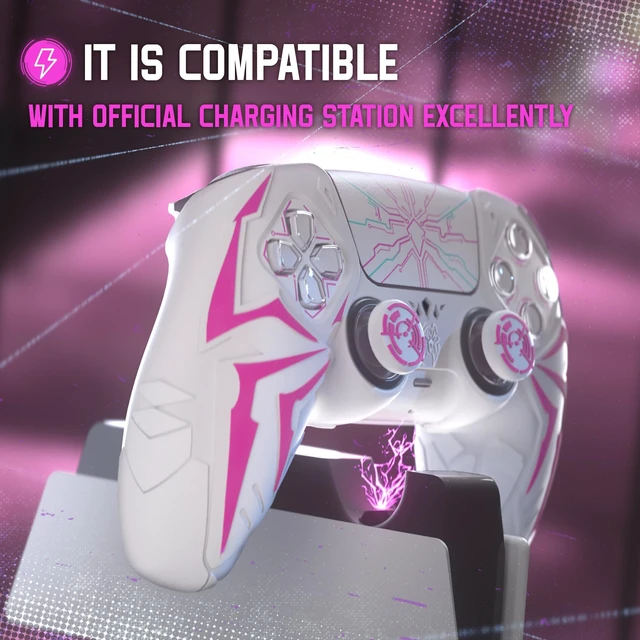 Alt view image 5 of 7 - PlayVital Design for ps5 Controller Silicone Case with 2 Thumb Grips and 6 Sticker, Cyber Spider Design, Anti-Slip Shockproof Controller Cover Skin, Fits for Charging Dock, White & Pink