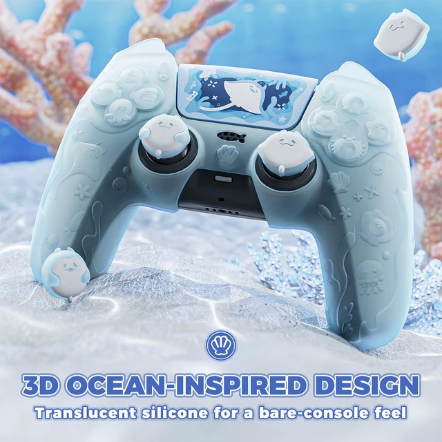 Alt view image 2 of 7 - PlayVital for PS5 Controller Cover Skin - Cute Ocean Whisper Series Semi-Clear Silicone Case for PS5 Controller with Thumb Grip & Sticker, Charging Station Compatible, Full Protection - Mint Blue