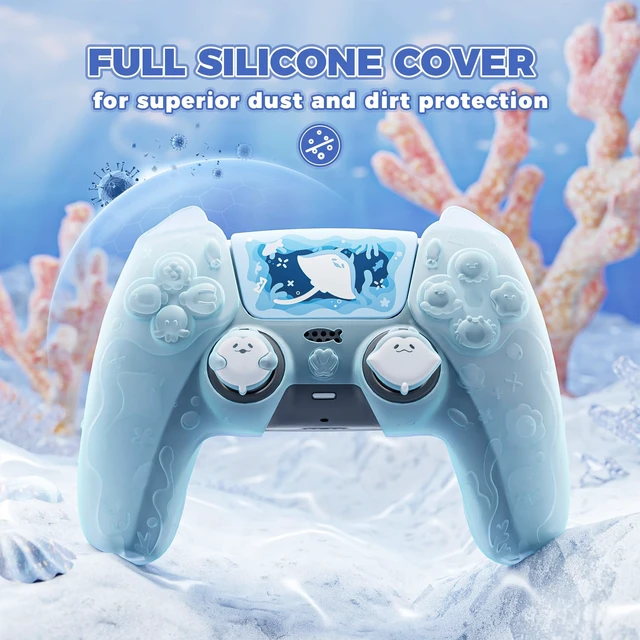 Alt view image 4 of 7 - PlayVital for PS5 Controller Cover Skin - Cute Ocean Whisper Series Semi-Clear Silicone Case for PS5 Controller with Thumb Grip & Sticker, Charging Station Compatible, Full Protection - Mint Blue