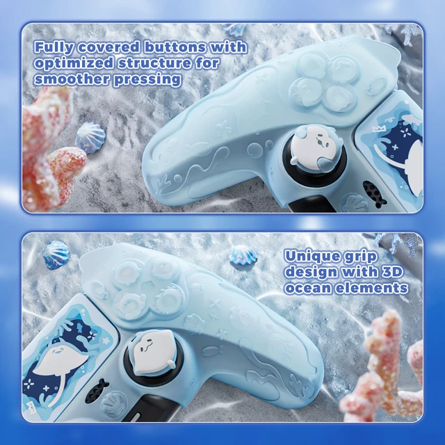 Alt view image 6 of 7 - PlayVital for PS5 Controller Cover Skin - Cute Ocean Whisper Series Semi-Clear Silicone Case for PS5 Controller with Thumb Grip & Sticker, Charging Station Compatible, Full Protection - Mint Blue