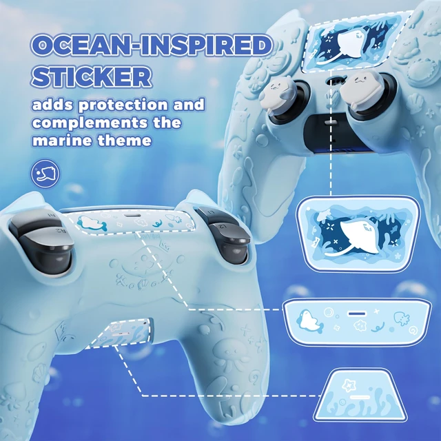 Alt view image 7 of 7 - PlayVital for PS5 Controller Cover Skin - Cute Ocean Whisper Series Semi-Clear Silicone Case for PS5 Controller with Thumb Grip & Sticker, Charging Station Compatible, Full Protection - Mint Blue