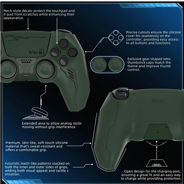 Alt view image 2 of 7 - PlayVital Mecha Edition Silicone Cover Compatible with ps5 Controller with 2 Joystick Caps and 6 Stickers, Shockproof Non-Slip Grip Protector Accessories, Fits for ps5 Charging Station - Racing Green