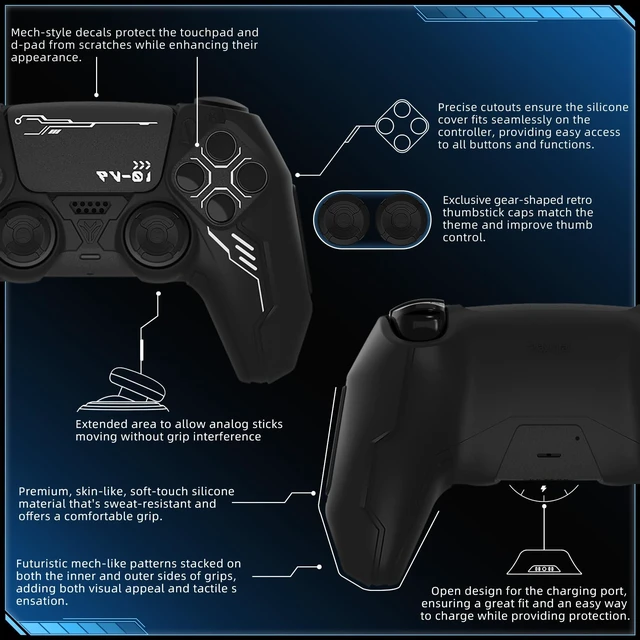 Alt view image 2 of 7 - PlayVital Mecha Edition Silicone Cover Compatible with ps5 Controller with 2 Joystick Caps and 6 Stickers, Shockproof Non-Slip Grip Protector Accessories, Fits for ps5 Charging Station - Black