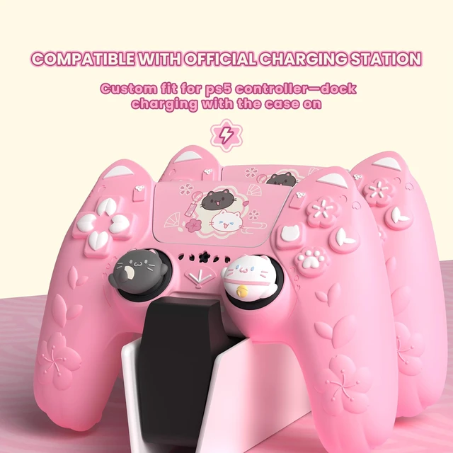 Alt view image 2 of 7 - PlayVital for PS5 Controller Cover Skin - Cherry Blossoms Kitten Anti-slip Grip Skin with Thumb Grip & Sticker - Soft Rubber Protector for PS5 Controller Accessories