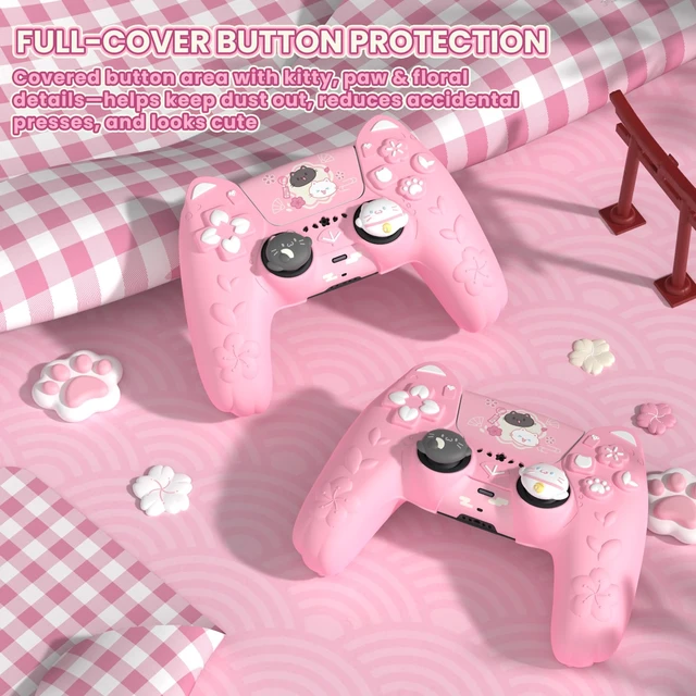 Alt view image 5 of 7 - PlayVital for PS5 Controller Cover Skin - Cherry Blossoms Kitten Anti-slip Grip Skin with Thumb Grip & Sticker - Soft Rubber Protector for PS5 Controller Accessories
