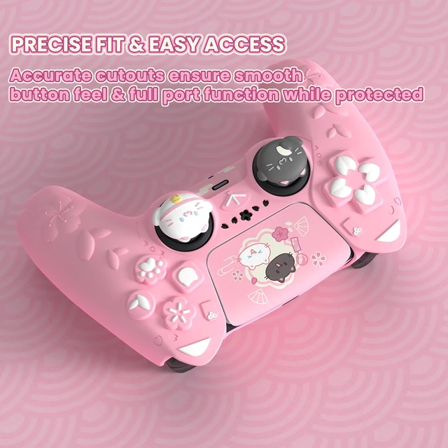 Alt view image 6 of 7 - PlayVital for PS5 Controller Cover Skin - Cherry Blossoms Kitten Anti-slip Grip Skin with Thumb Grip & Sticker - Soft Rubber Protector for PS5 Controller Accessories