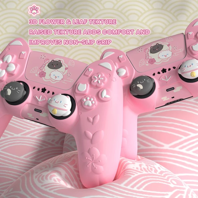 Alt view image 3 of 7 - PlayVital for PS5 Controller Cover Skin - Cherry Blossoms Kitten Anti-slip Grip Skin with Thumb Grip & Sticker - Soft Rubber Protector for PS5 Controller Accessories