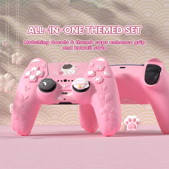 Alt view image 4 of 7 - PlayVital for PS5 Controller Cover Skin - Cherry Blossoms Kitten Anti-slip Grip Skin with Thumb Grip & Sticker - Soft Rubber Protector for PS5 Controller Accessories