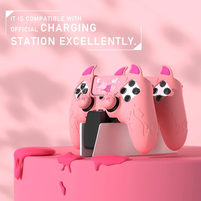 Alt view image 3 of 7 - PlayVital for PS5 Edge Controller Skin | Demon Pink Silicone Cover with Touchpad Sticker & Thumb Grip Caps | Cute Protecter Case Accessories