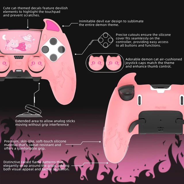 Alt view image 7 of 7 - PlayVital for PS5 Edge Controller Skin | Demon Pink Silicone Cover with Touchpad Sticker & Thumb Grip Caps | Cute Protecter Case Accessories