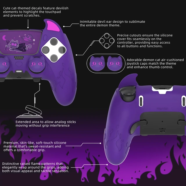 Alt view image 7 of 7 - PlayVital for PS5 Edge Controller Skin | Demon Purple Silicone Cover with Touchpad Sticker & Thumb Grip Caps | Cute Protecter Case Accessories