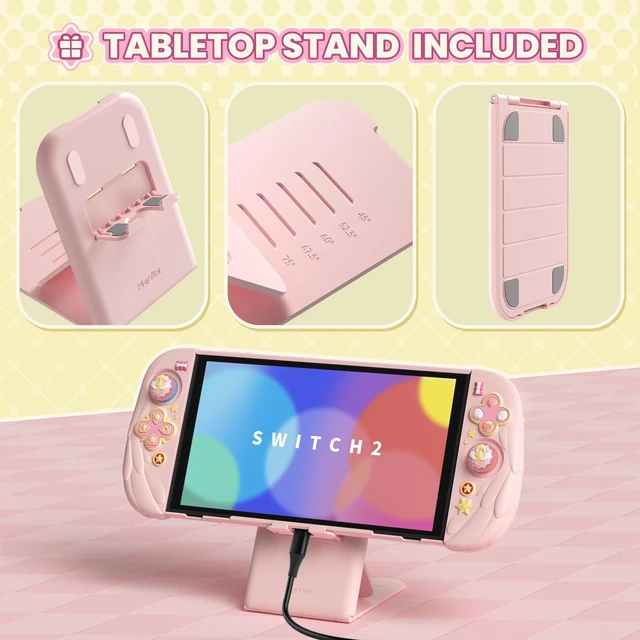 Alt view image 6 of 7 - PlayVital Magic Wings Protective Case with Stand for Nintendo Switch 2 | Joycon Silicone Grips, PC Console Hard Shell, 2 Joystick Caps | Cute Animal Accessories Dockable Cover for Switch 2 - Pink