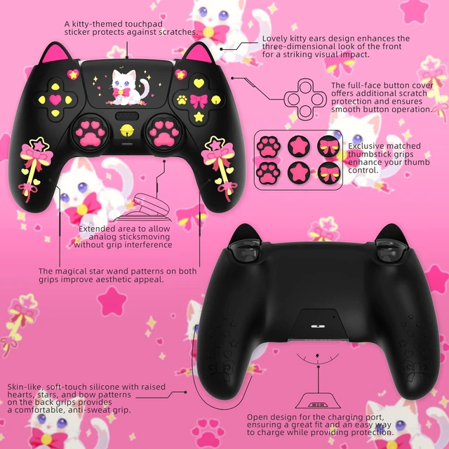 Alt view image 2 of 7 - PlayVital Sweetheart Kitty Silicone Cover for ps5 Controller with 6 Joystick Caps and 6 Sticker, Soft Anti-Slip Full Protection Grip Skin Compatible with ps5 Charging Dock - Black
