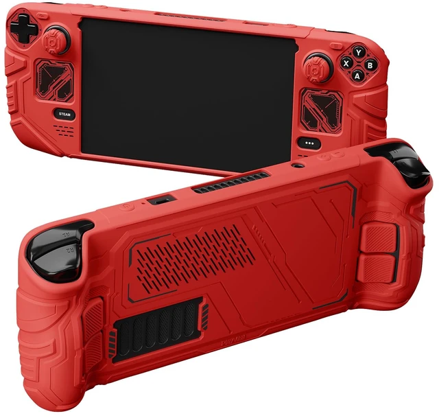 Main image of PlayVital Mecha Protective Case for Steam Deck Anti-Slip Silicone Grip Cover for Steam Deck OLED & LCD | Shockproof Shell with Back Button Enhancement Set & Thumb Grips & Stickers Red