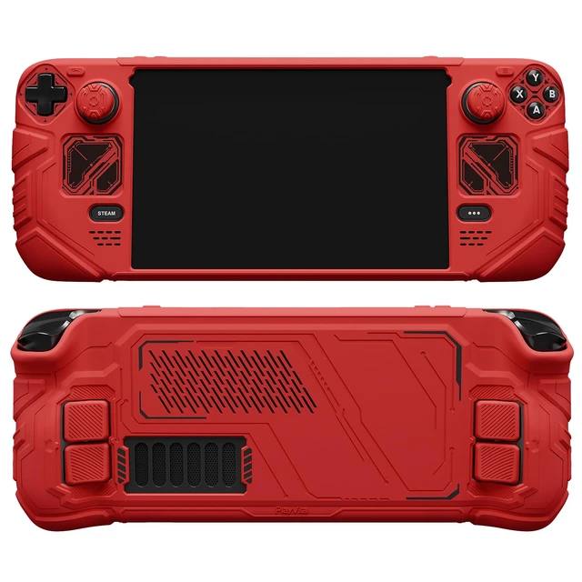 Alt view image 6 of 7 - PlayVital Mecha Protective Case for Steam Deck Anti-Slip Silicone Grip Cover for Steam Deck OLED & LCD | Shockproof Shell with Back Button Enhancement Set & Thumb Grips & Stickers Red
