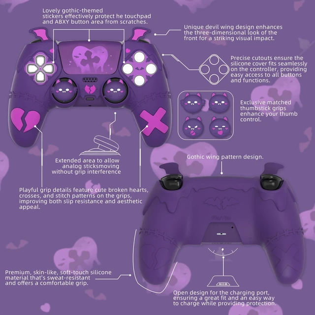 Alt view image 2 of 7 - PlayVital Gothic Imp Series Cute Silicone Case for ps5 Controller with 4 Thumb Grips and 6 Stickers, Anti-Slip Silicone Skin Cover, Compatible with ps5 Charging Station, Purple