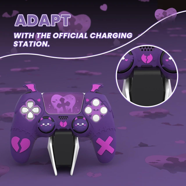 Alt view image 3 of 7 - PlayVital Gothic Imp Series Cute Silicone Case for ps5 Controller with 4 Thumb Grips and 6 Stickers, Anti-Slip Silicone Skin Cover, Compatible with ps5 Charging Station, Purple